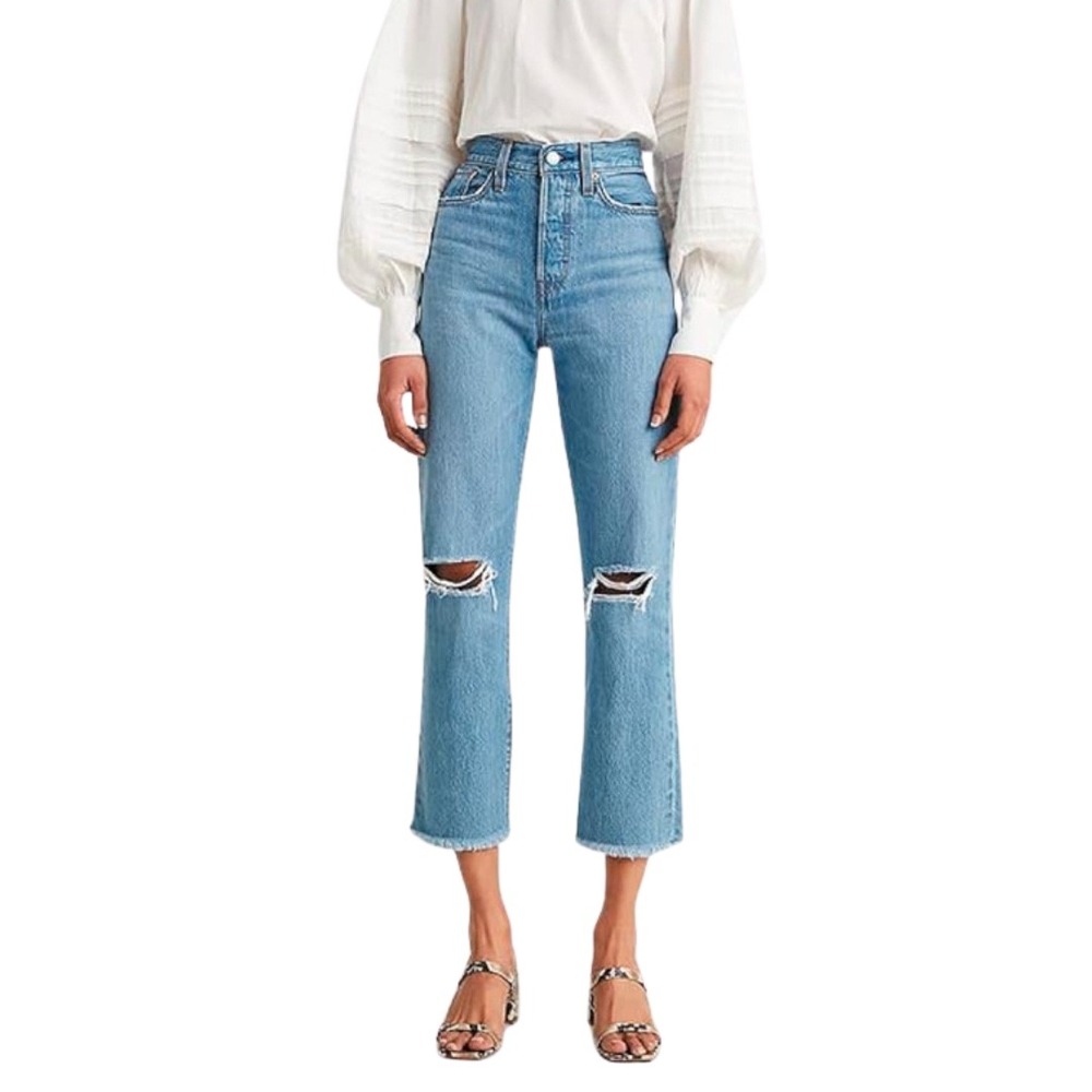 Levi's Wedgie Straight Jeans27 Light Wash Distressed Ripped Denim Comfort Casual